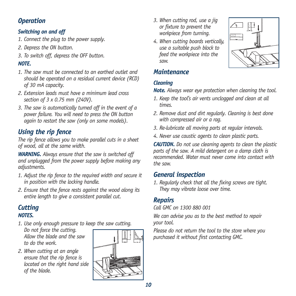 Operation, Using the rip fence, Cutting | Maintenance, General inspection, Repairs | Global Machinery Company RBS10 User Manual | Page 10 / 11