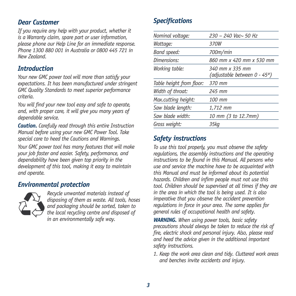 Specifications, Safety instructions, Dear customer | Introduction, Environmental protection | Global Machinery Company RBS10 User Manual | Page 3 / 11