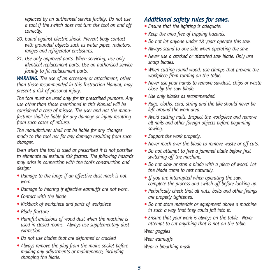 Additional safety rules for saws | Global Machinery Company RBS10 User Manual | Page 5 / 11