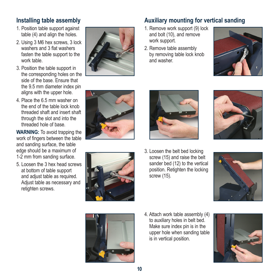 Installing table assembly, Auxiliary mounting for vertical sanding | Global Machinery Company BD1500 User Manual | Page 10 / 16