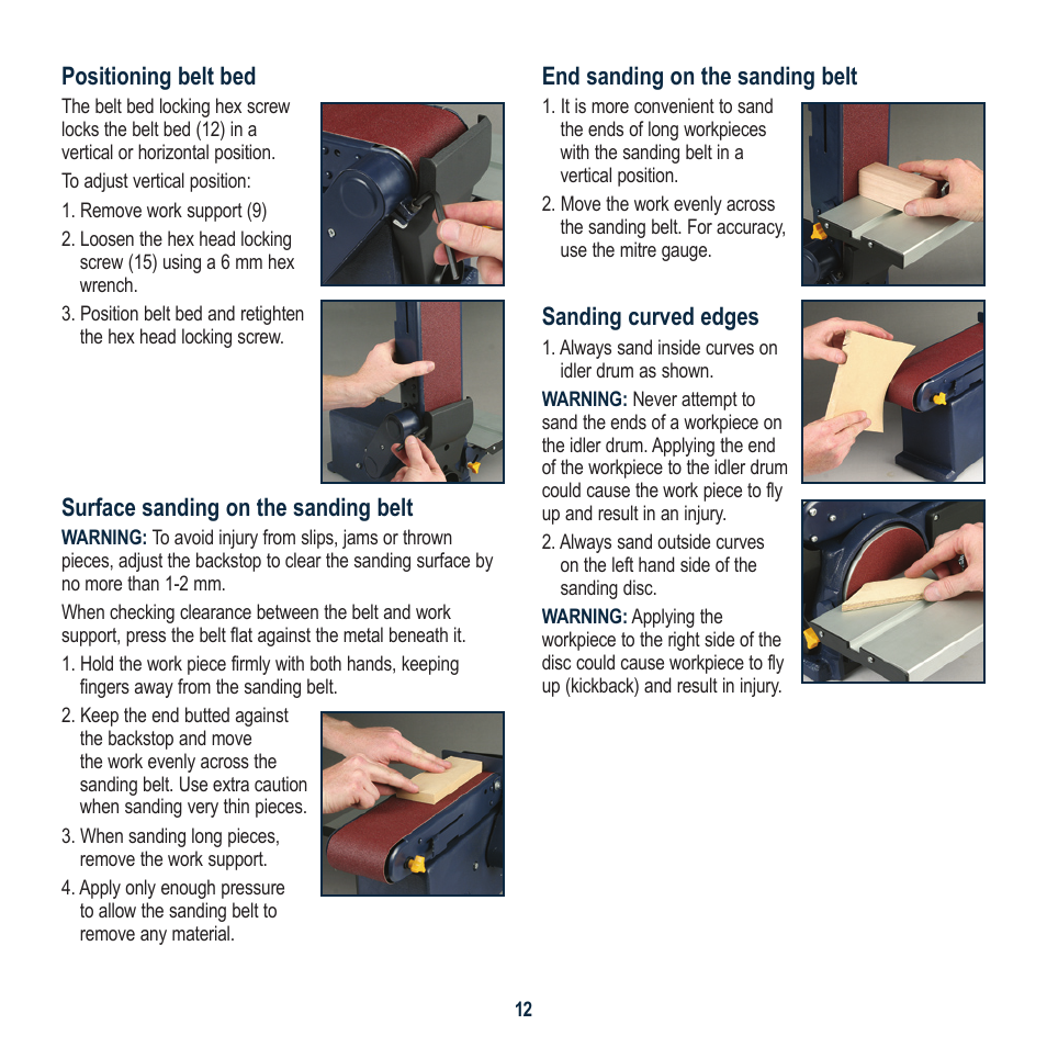 Positioning belt bed, Surface sanding on the sanding belt, End sanding on the sanding belt | Sanding curved edges | Global Machinery Company BD1500 User Manual | Page 12 / 16