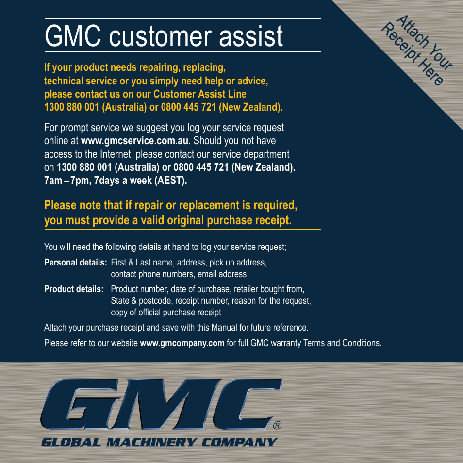 Gmc customer assist | Global Machinery Company BD1500 User Manual | Page 16 / 16