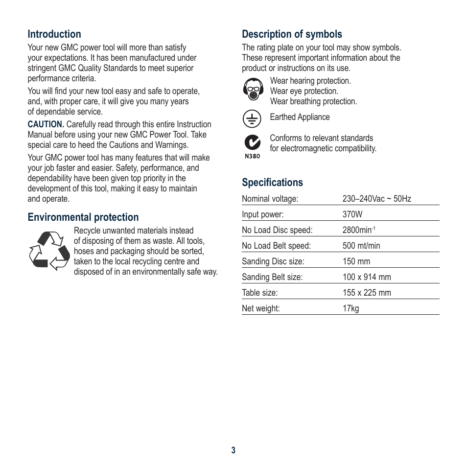 Description of symbols, Specifications, Introduction | Environmental protection | Global Machinery Company BD1500 User Manual | Page 3 / 16