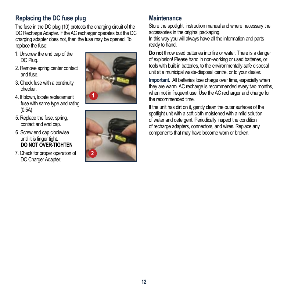 Replacing the dc fuse plug, Maintenance | Global Machinery Company VEC156-AU User Manual | Page 12 / 16