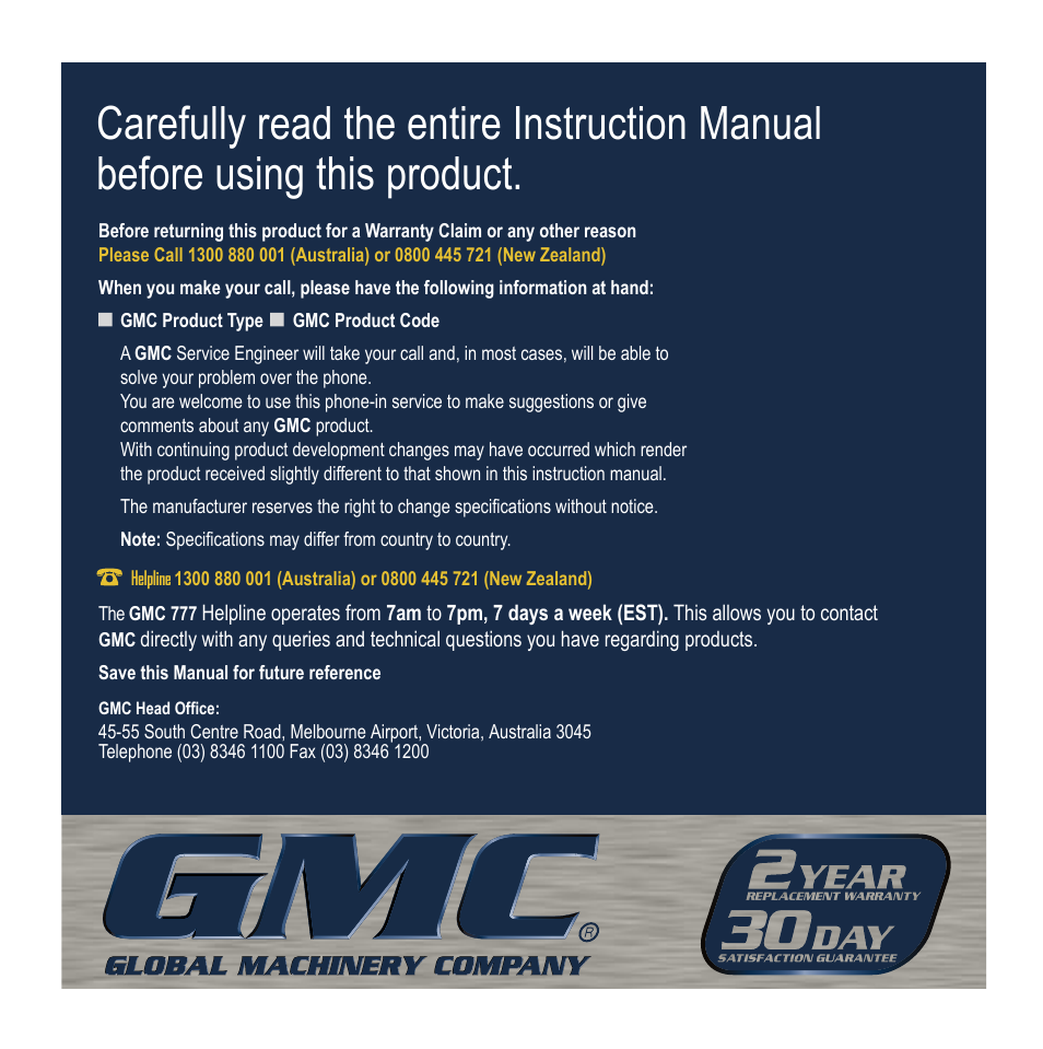Global Machinery Company VEC156-AU User Manual | Page 16 / 16