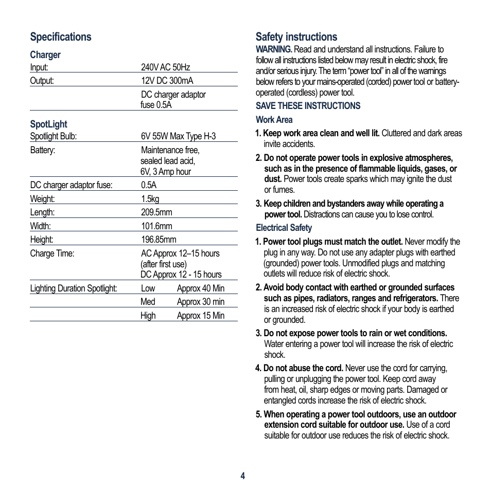 Specifications, Safety instructions | Global Machinery Company VEC156-AU User Manual | Page 4 / 16
