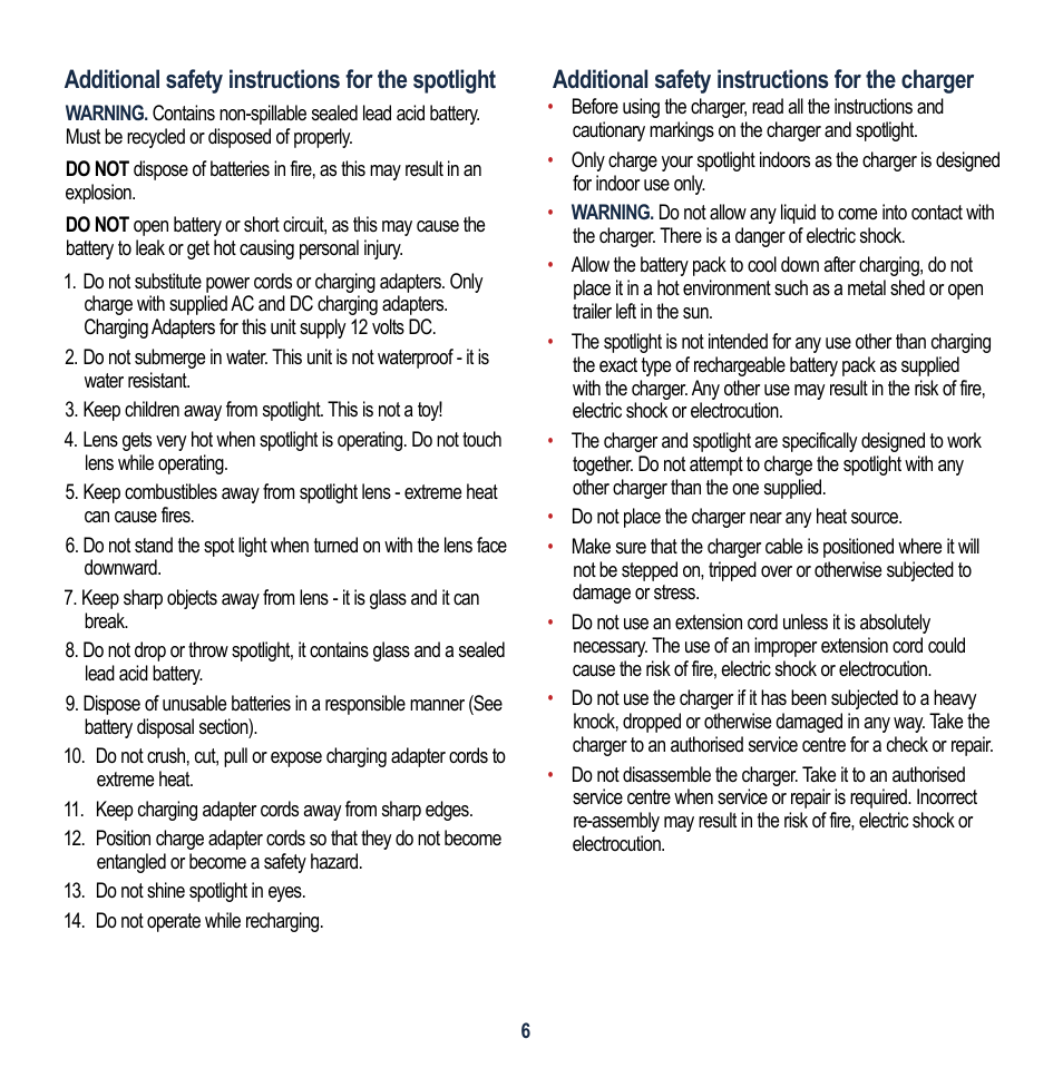 Additional safety instructions for the spotlight, Additional safety instructions for the charger | Global Machinery Company VEC156-AU User Manual | Page 6 / 16