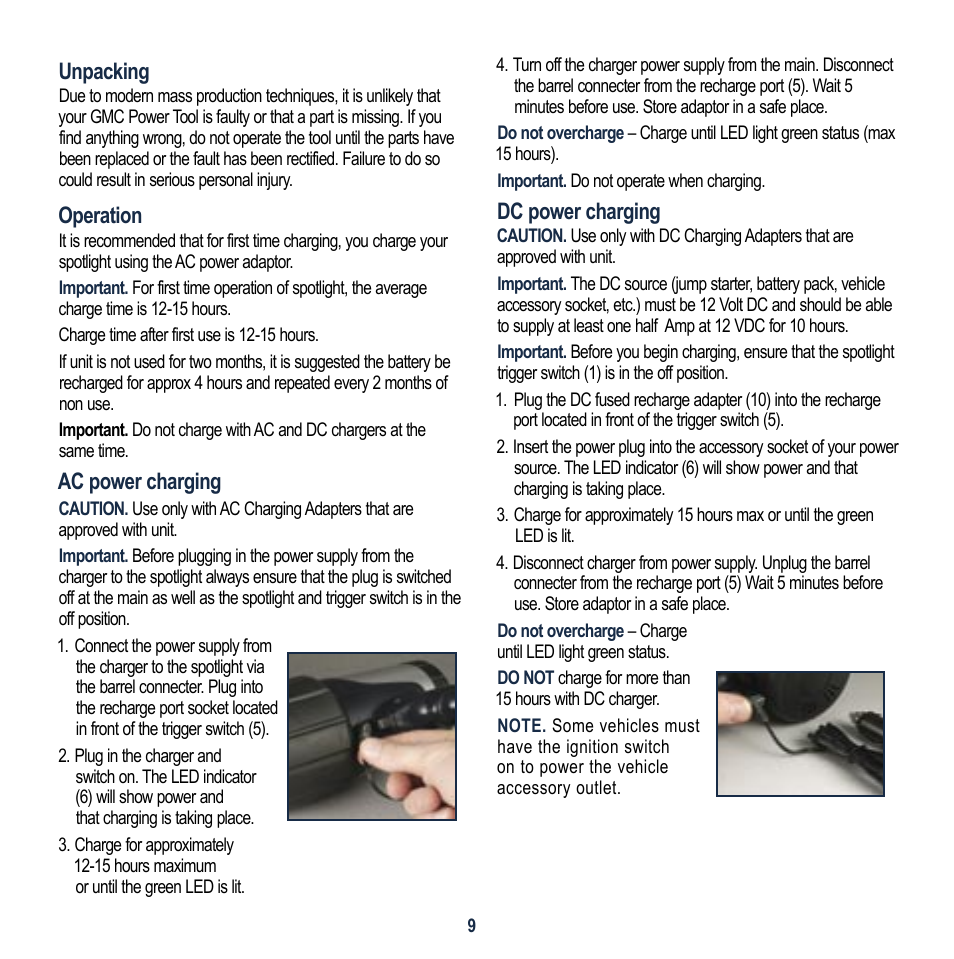 Unpacking, Operation, Ac power charging | Dc power charging | Global Machinery Company VEC156-AU User Manual | Page 9 / 16