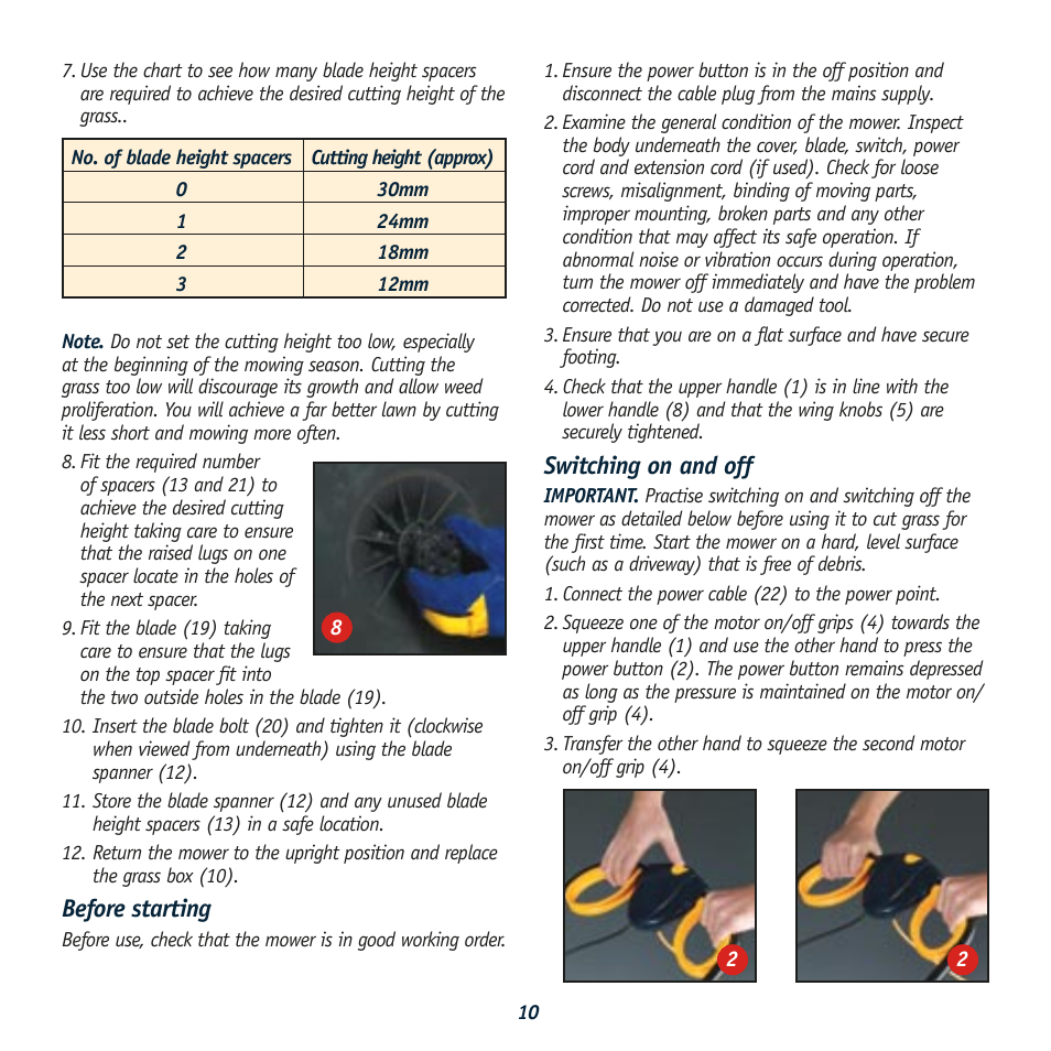 Before starting, Switching on and off | Global Machinery Company HC1500 User Manual | Page 10 / 14