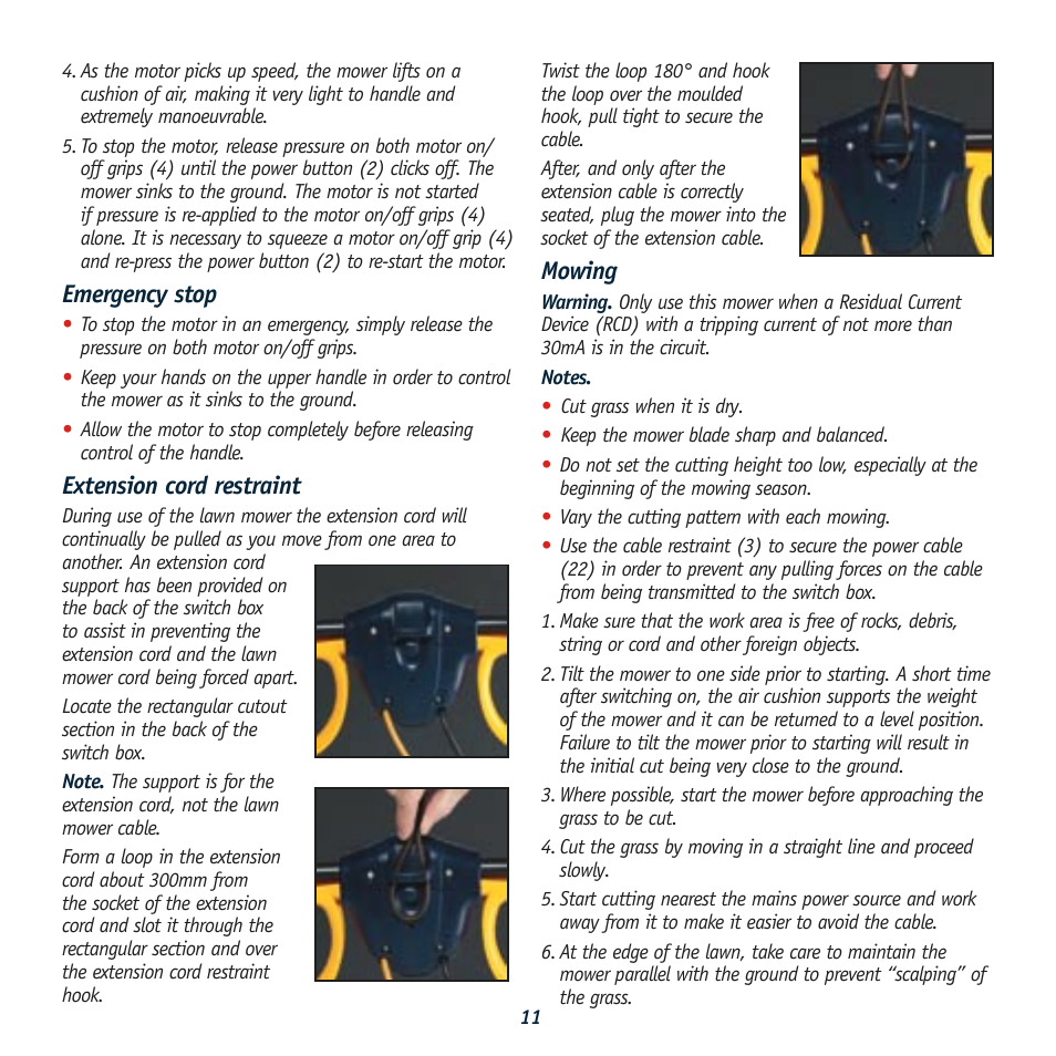 Emergency stop, Extension cord restraint, Mowing | Global Machinery Company HC1500 User Manual | Page 11 / 14