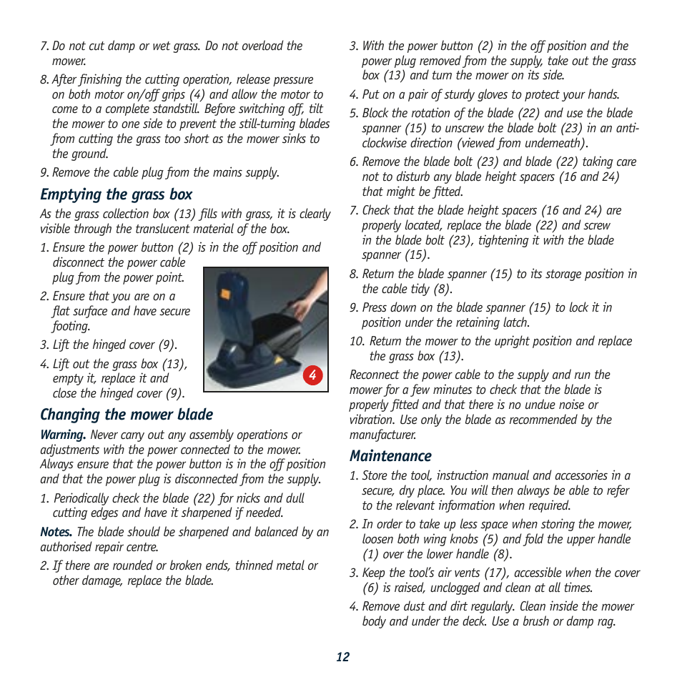 Emptying the grass box, Changing the mower blade, Maintenance | Global Machinery Company HC1500 User Manual | Page 12 / 14