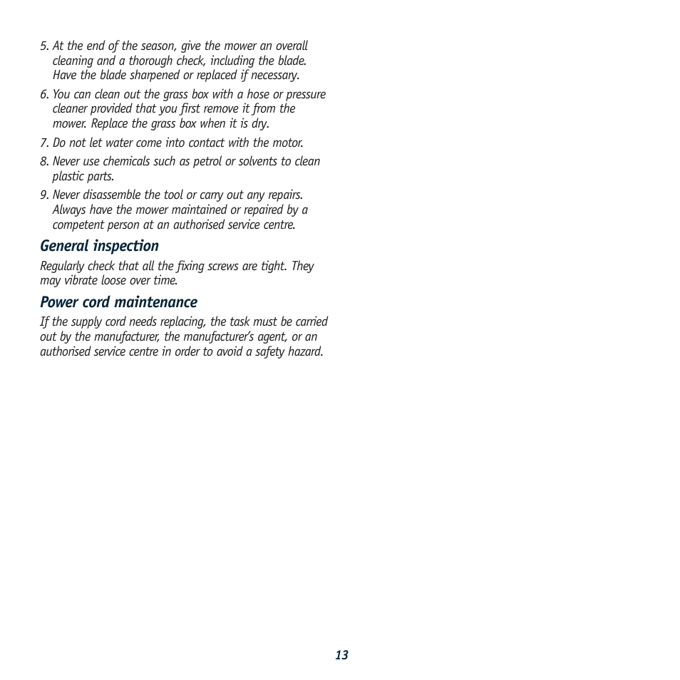 General inspection, Power cord maintenance | Global Machinery Company HC1500 User Manual | Page 13 / 14