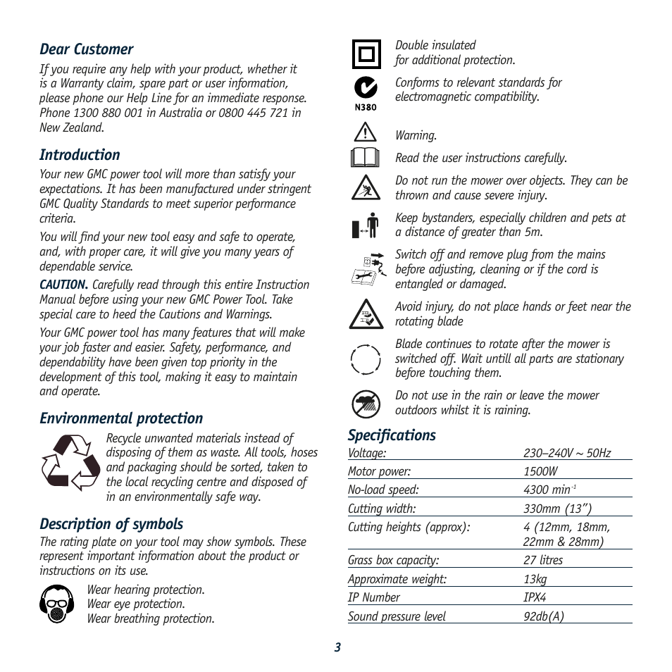 Specifications, Dear customer, Introduction | Environmental protection, Description of symbols | Global Machinery Company HC1500 User Manual | Page 3 / 14