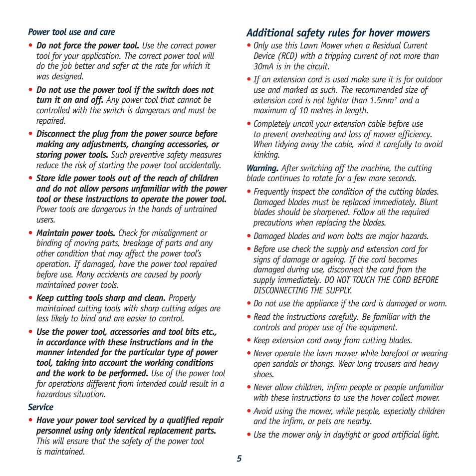 Additional safety rules for hover mowers | Global Machinery Company HC1500 User Manual | Page 5 / 14
