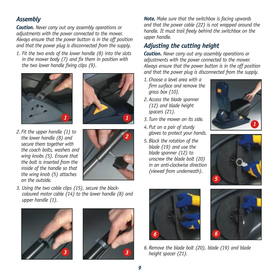 Assembly, Adjusting the cutting height | Global Machinery Company HC1500 User Manual | Page 9 / 14