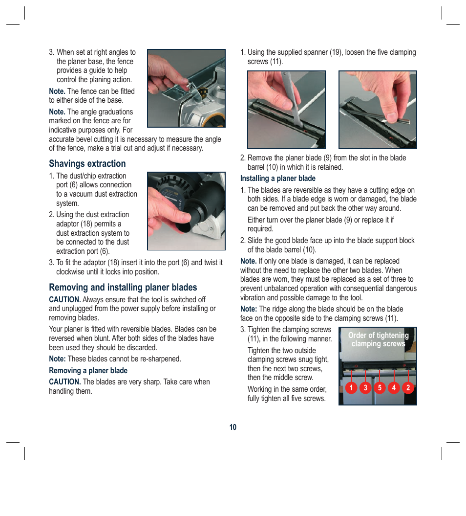 Shavings extraction, Removing and installing planer blades | Global Machinery Company BFPCF User Manual | Page 10 / 16