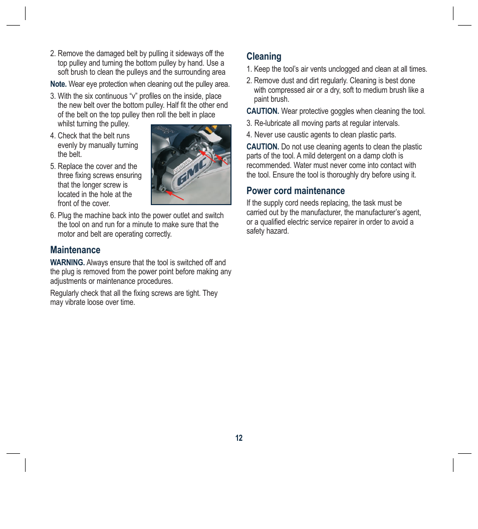 Maintenance, Cleaning, Power cord maintenance | Global Machinery Company BFPCF User Manual | Page 12 / 16