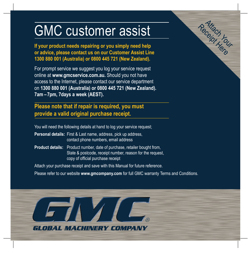 Gmc customer assist | Global Machinery Company BFPCF User Manual | Page 16 / 16