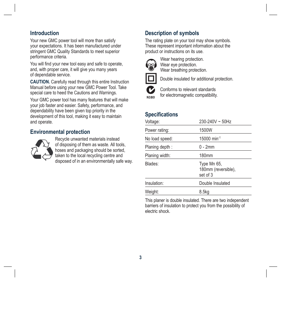 Description of symbols, Specifications, Introduction | Environmental protection | Global Machinery Company BFPCF User Manual | Page 3 / 16