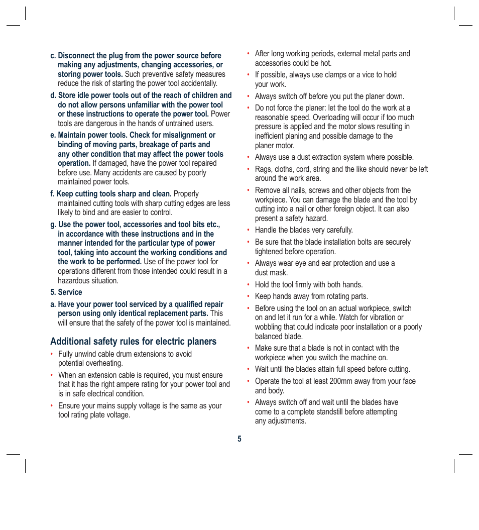 Additional safety rules for electric planers | Global Machinery Company BFPCF User Manual | Page 5 / 16