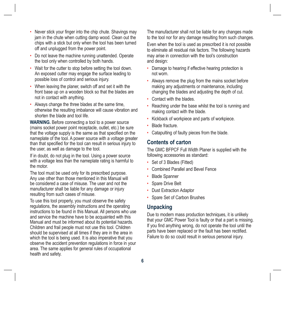 Contents of carton, Unpacking | Global Machinery Company BFPCF User Manual | Page 6 / 16