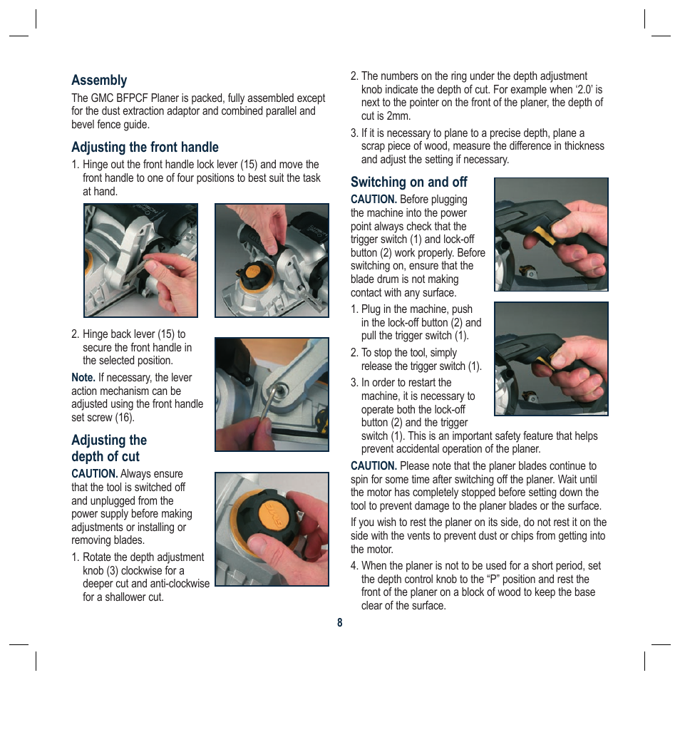 Assembly, Adjusting the front handle, Adjusting the depth of cut | Switching on and off | Global Machinery Company BFPCF User Manual | Page 8 / 16