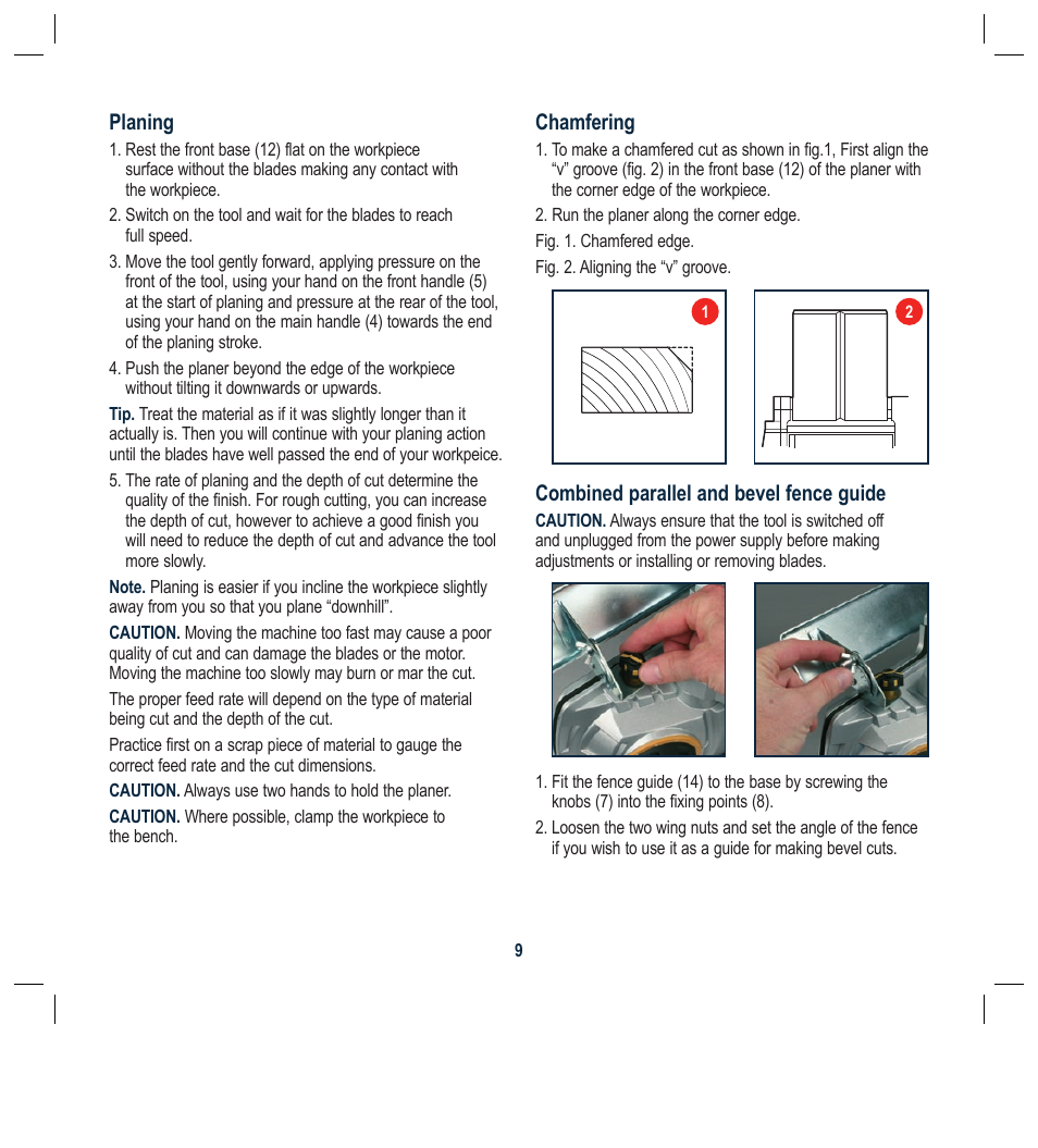 Planing, Chamfering, Combined parallel and bevel fence guide | Global Machinery Company BFPCF User Manual | Page 9 / 16