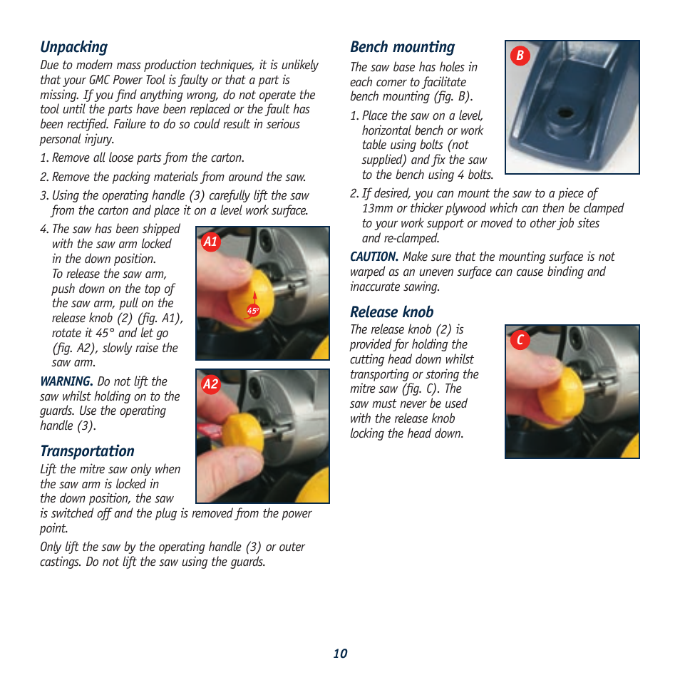 Unpacking, Transportation, Bench mounting | Release knob | Global Machinery Company LS211 User Manual | Page 10 / 20