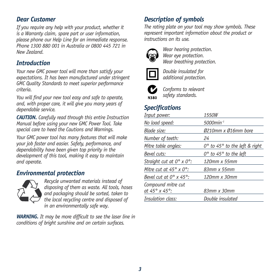 Dear customer, Introduction, Environmental protection | Description of symbols, Specifications | Global Machinery Company LS211 User Manual | Page 3 / 20