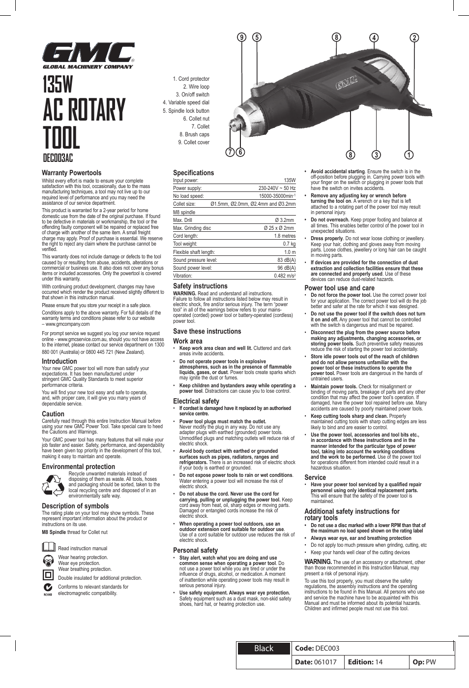 Global Machinery Company 135W AC Rotary Tool DEC003AC User Manual | 2 pages