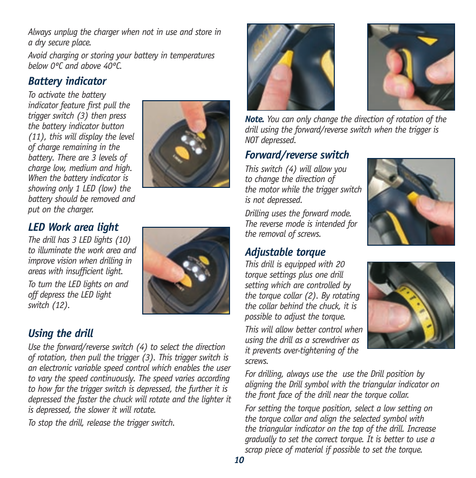 Battery indicator, Led work area light, Using the drill | Forward/reverse switch, Adjustable torque | Global Machinery Company GTX24250 User Manual | Page 10 / 13