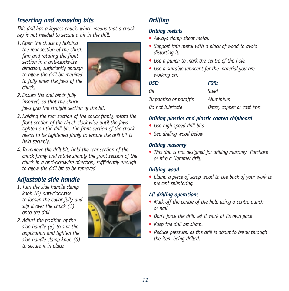 Inserting and removing bits, Adjustable side handle, Drilling | Global Machinery Company GTX24250 User Manual | Page 11 / 13