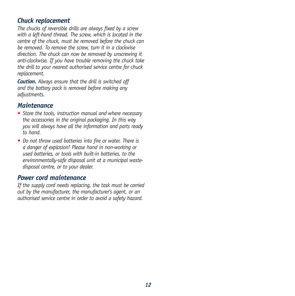 Chuck replacement, Maintenance, Power cord maintenance | Global Machinery Company GTX24250 User Manual | Page 12 / 13