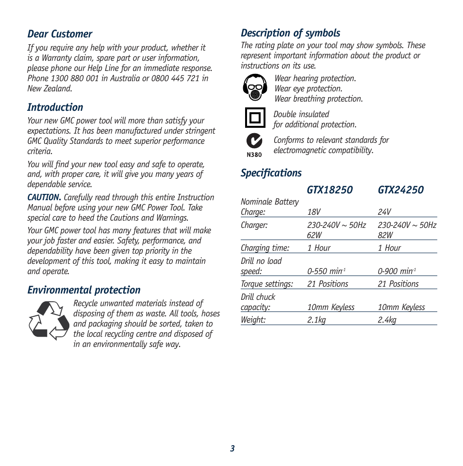 Description of symbols, Dear customer, Introduction | Environmental protection | Global Machinery Company GTX24250 User Manual | Page 3 / 13