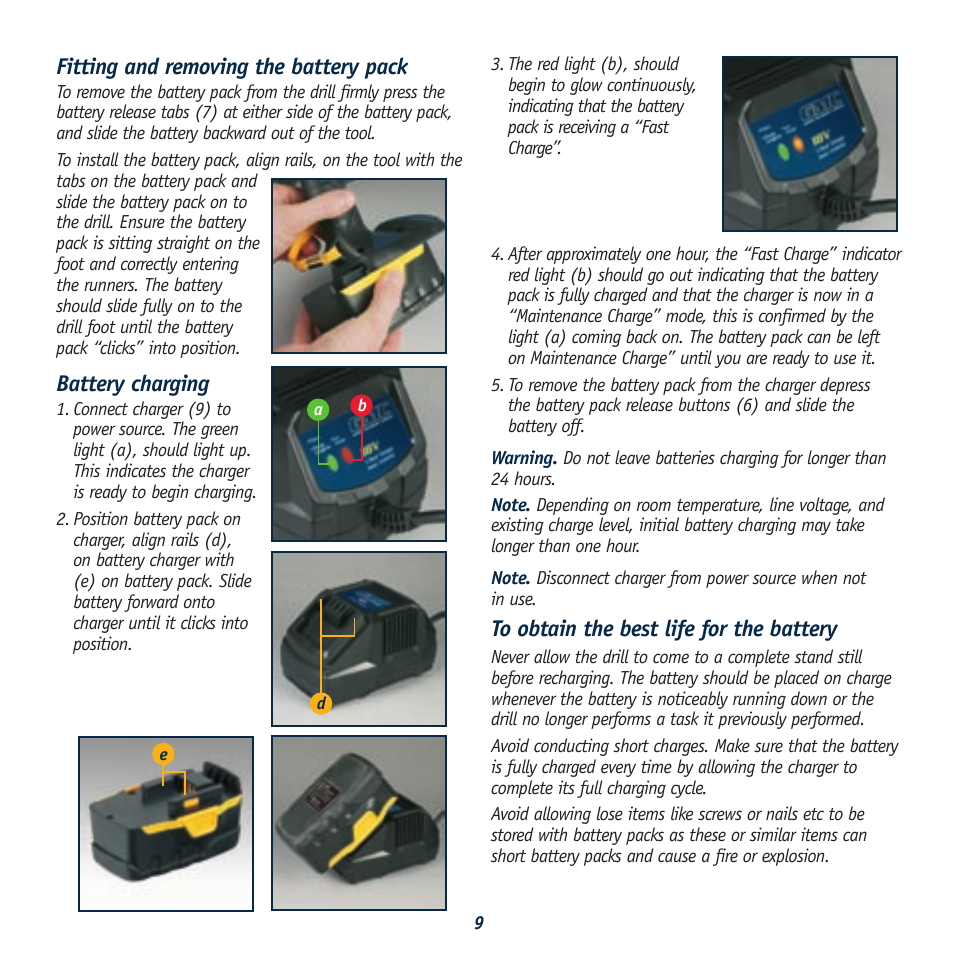 Fitting and removing the battery pack, Battery charging | Global Machinery Company GTX24250 User Manual | Page 9 / 13