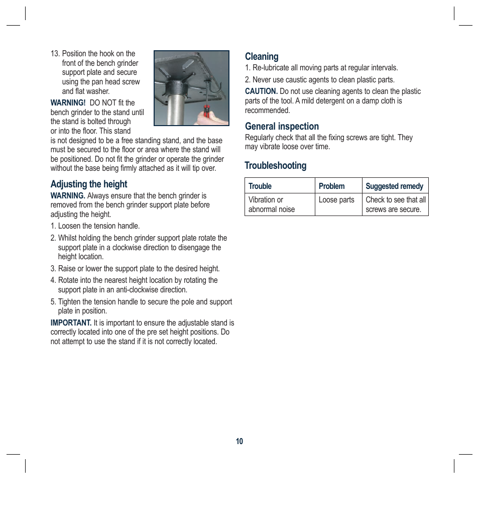 Adjusting the height, Cleaning, General inspection | Troubleshooting | Global Machinery Company NTS2000A User Manual | Page 10 / 12