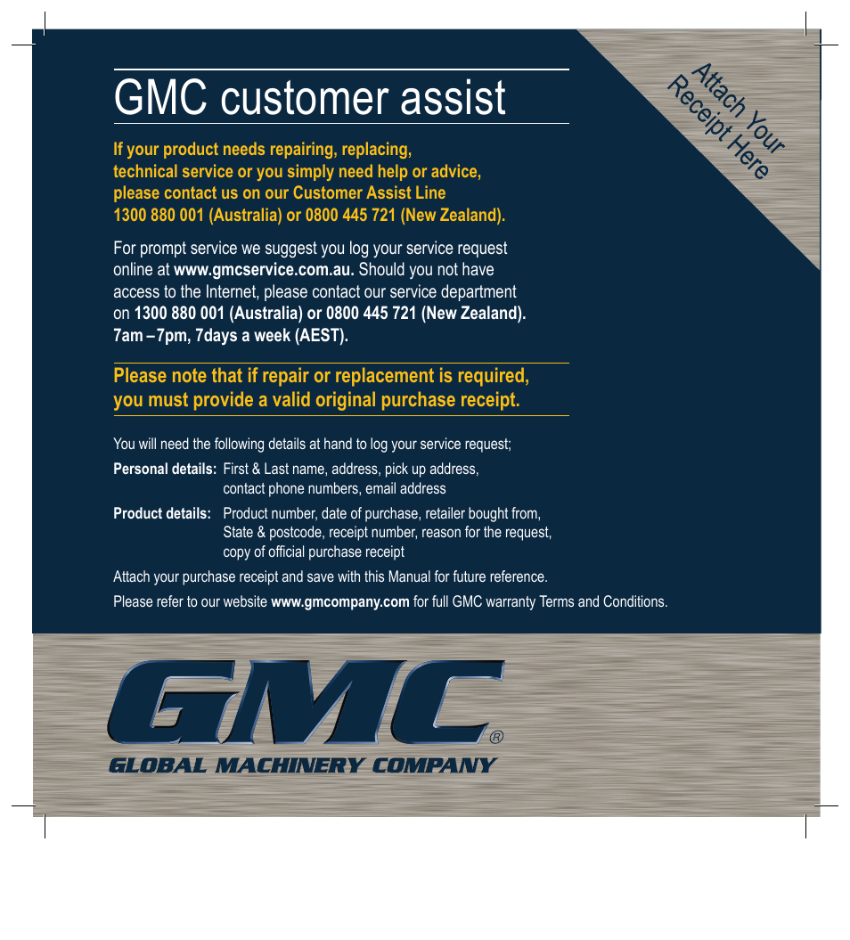 Gmc customer assist | Global Machinery Company NTS2000A User Manual | Page 12 / 12