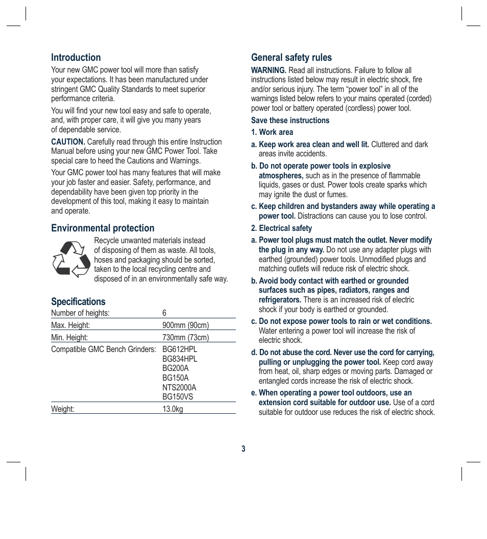 Specifications, General safety rules, Introduction | Environmental protection | Global Machinery Company NTS2000A User Manual | Page 3 / 12