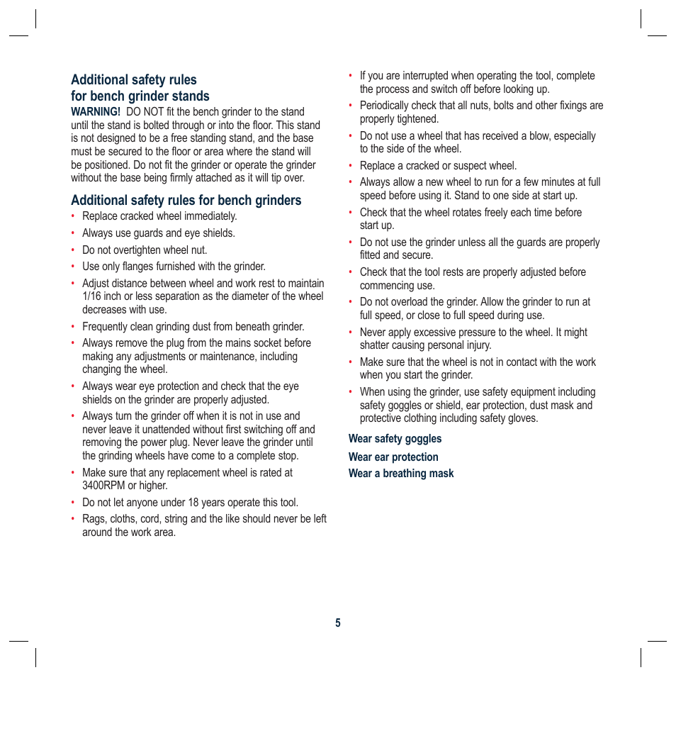 Additional safety rules for bench grinder stands, Additional safety rules for bench grinders | Global Machinery Company NTS2000A User Manual | Page 5 / 12