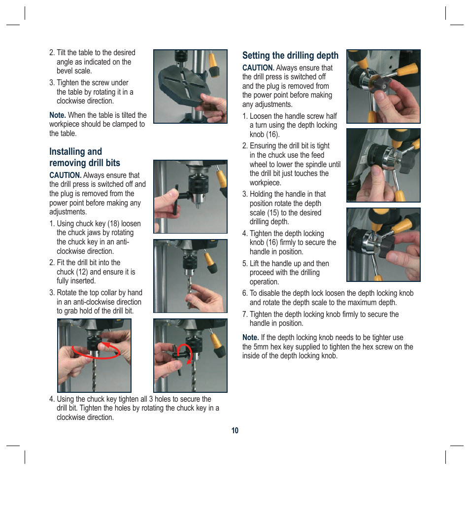 Installing and removing drill bits, Setting the drilling depth | Global Machinery Company DP250LS User Manual | Page 10 / 16