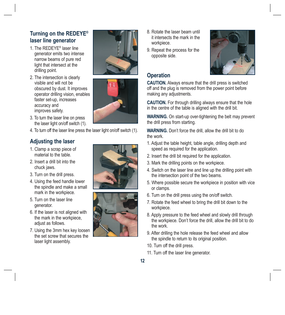 Turning on the redeye, Laser line generator, Adjusting the laser | Operation | Global Machinery Company DP250LS User Manual | Page 12 / 16