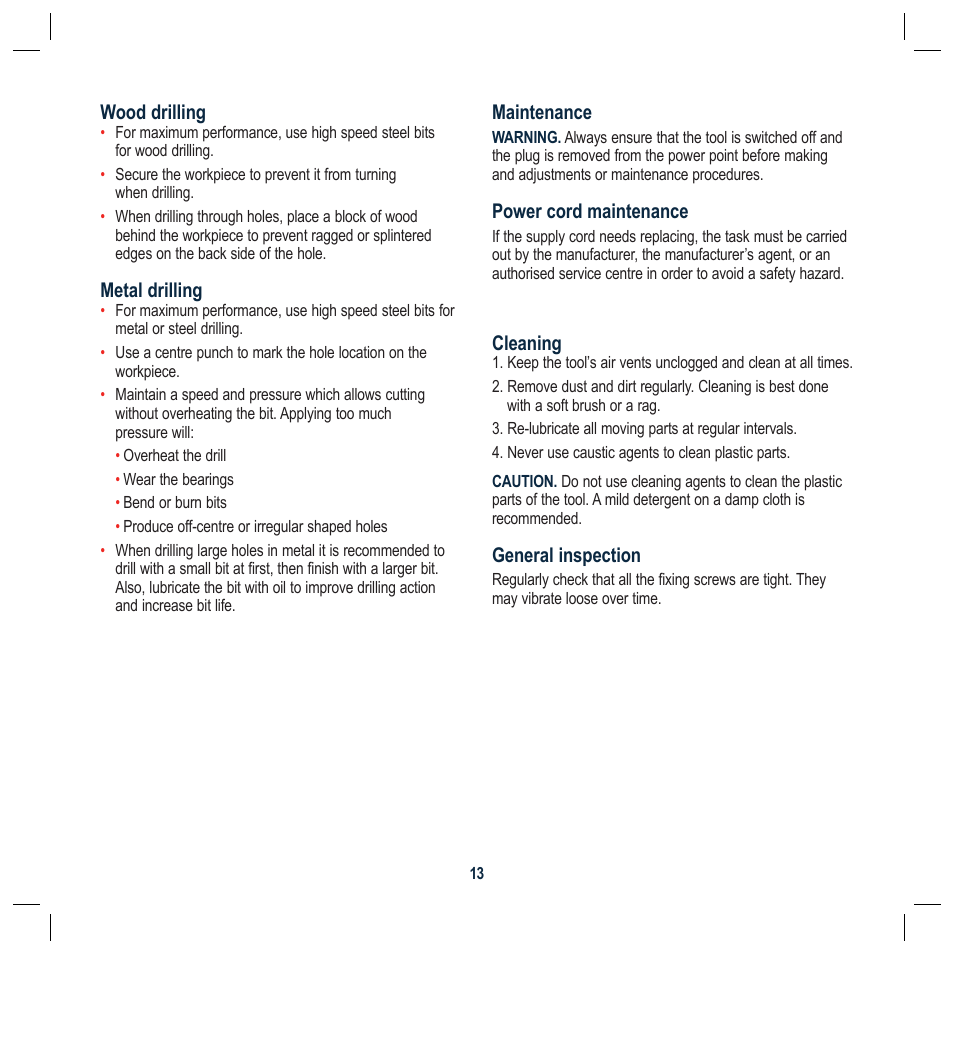 Wood drilling, Metal drilling, Maintenance | Power cord maintenance, Cleaning, General inspection | Global Machinery Company DP250LS User Manual | Page 13 / 16