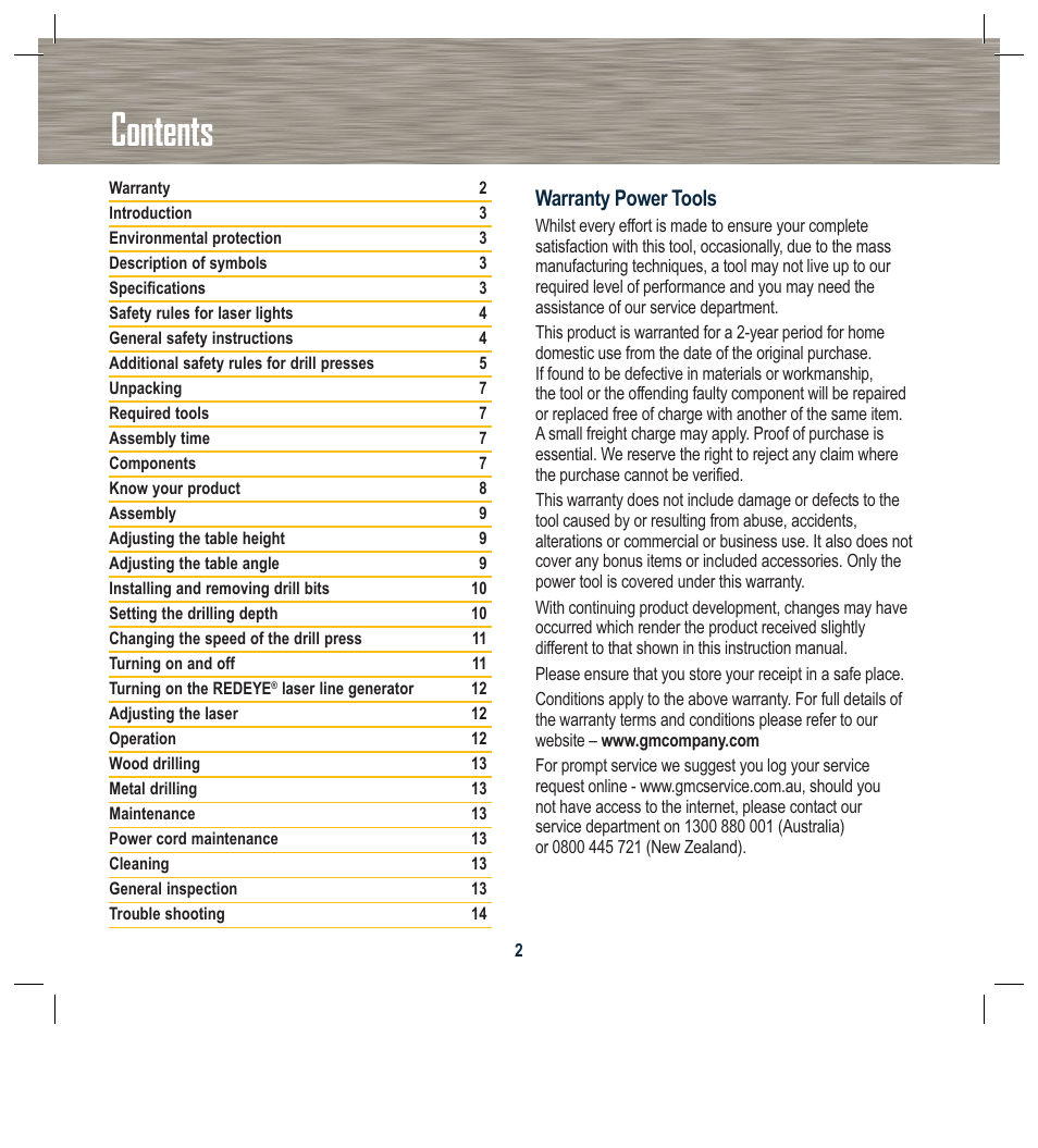 Global Machinery Company DP250LS User Manual | Page 2 / 16