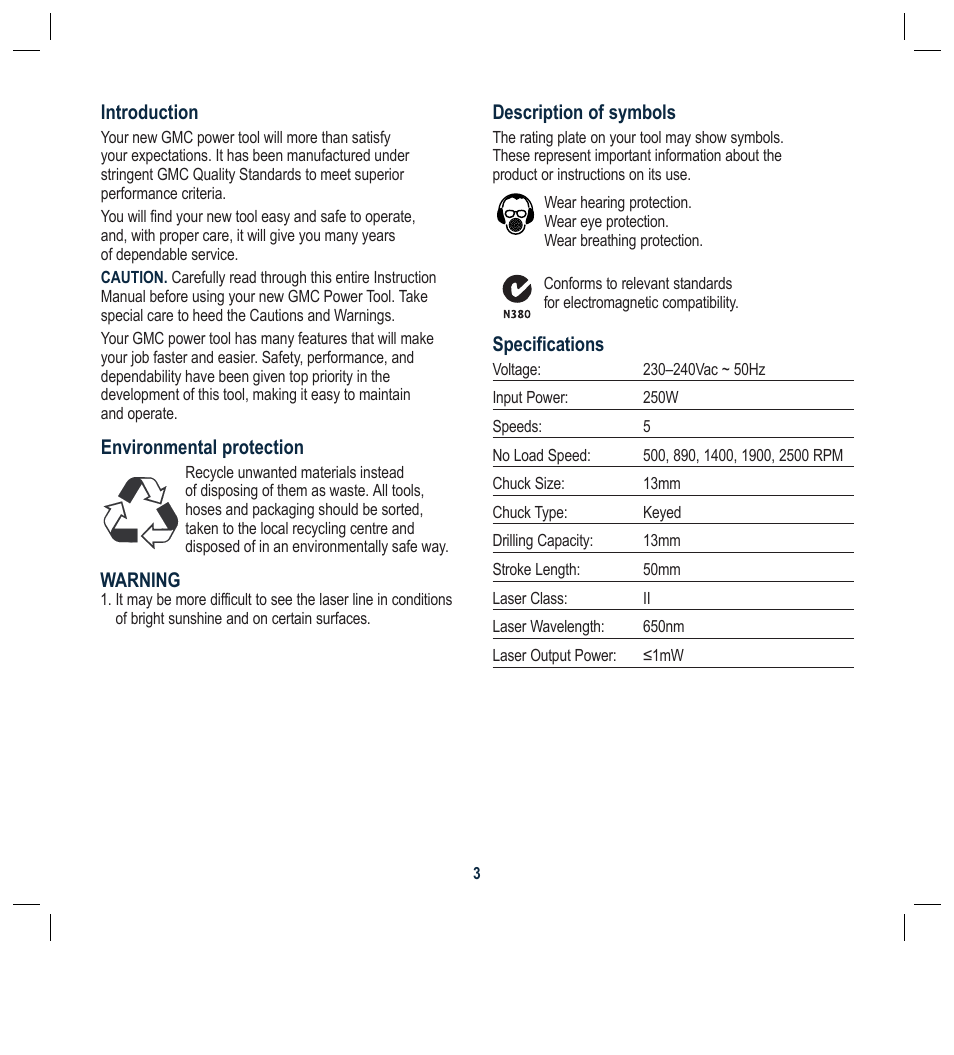 Description of symbols, Specifications, Dear customer | Introduction, Environmental protection, Warning | Global Machinery Company DP250LS User Manual | Page 3 / 16
