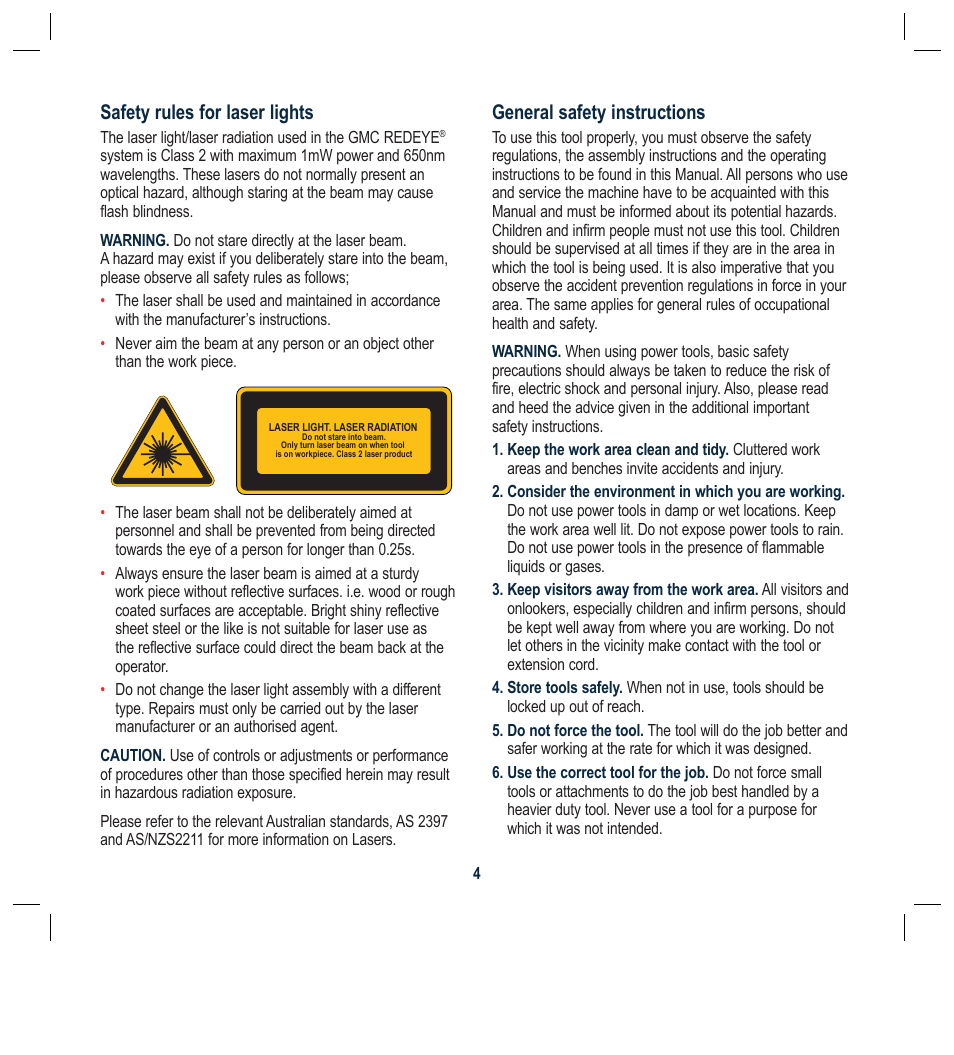 Safety rules for laser lights, General safety instructions | Global Machinery Company DP250LS User Manual | Page 4 / 16