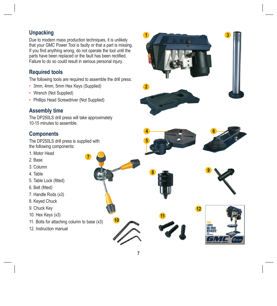 Global Machinery Company DP250LS User Manual | Page 7 / 16