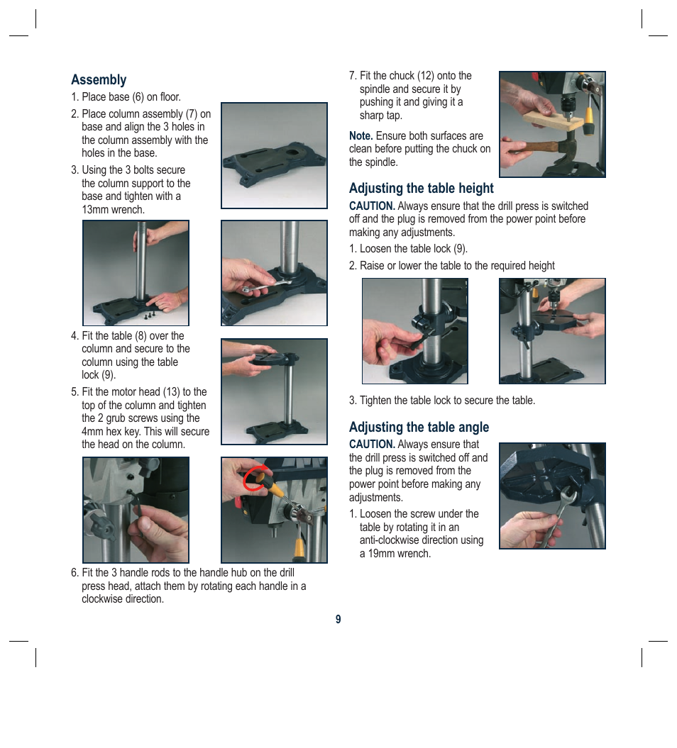 Assembly, Adjusting the table height, Adjusting the table angle | Global Machinery Company DP250LS User Manual | Page 9 / 16