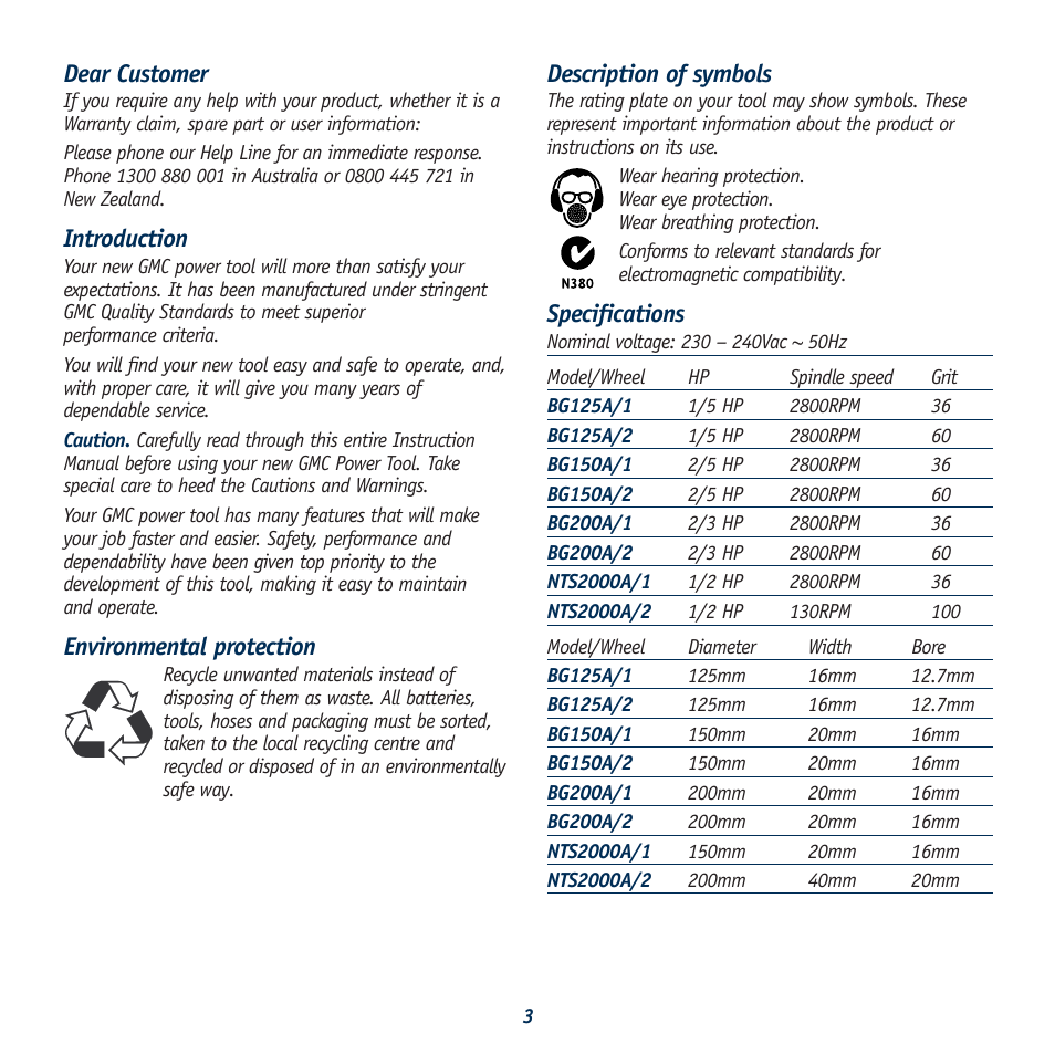 Dear customer, Introduction, Environmental protection | Description of symbols, Specifications | Global Machinery Company BG150A User Manual | Page 3 / 13