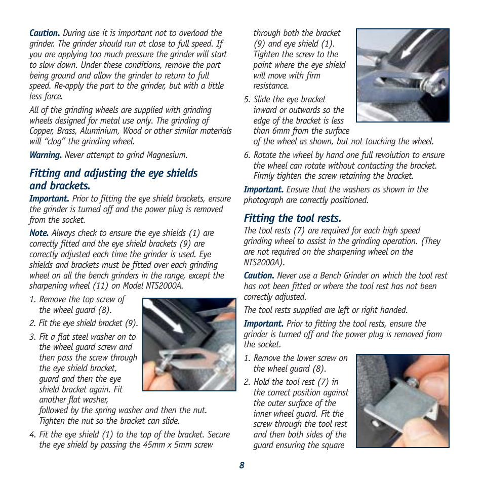 Fitting and adjusting the eye shields and brackets, Fitting the tool rests | Global Machinery Company BG150A User Manual | Page 8 / 13