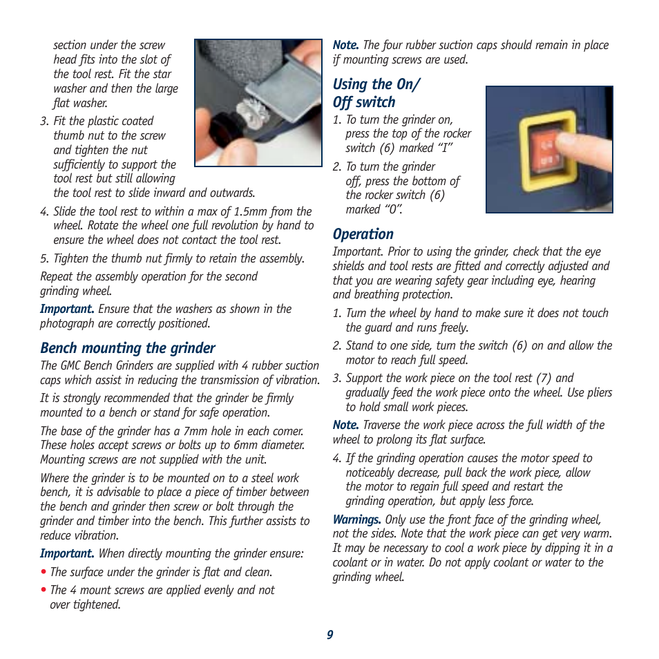 Bench mounting the grinder, Using the on/ off switch, Operation | Global Machinery Company BG150A User Manual | Page 9 / 13